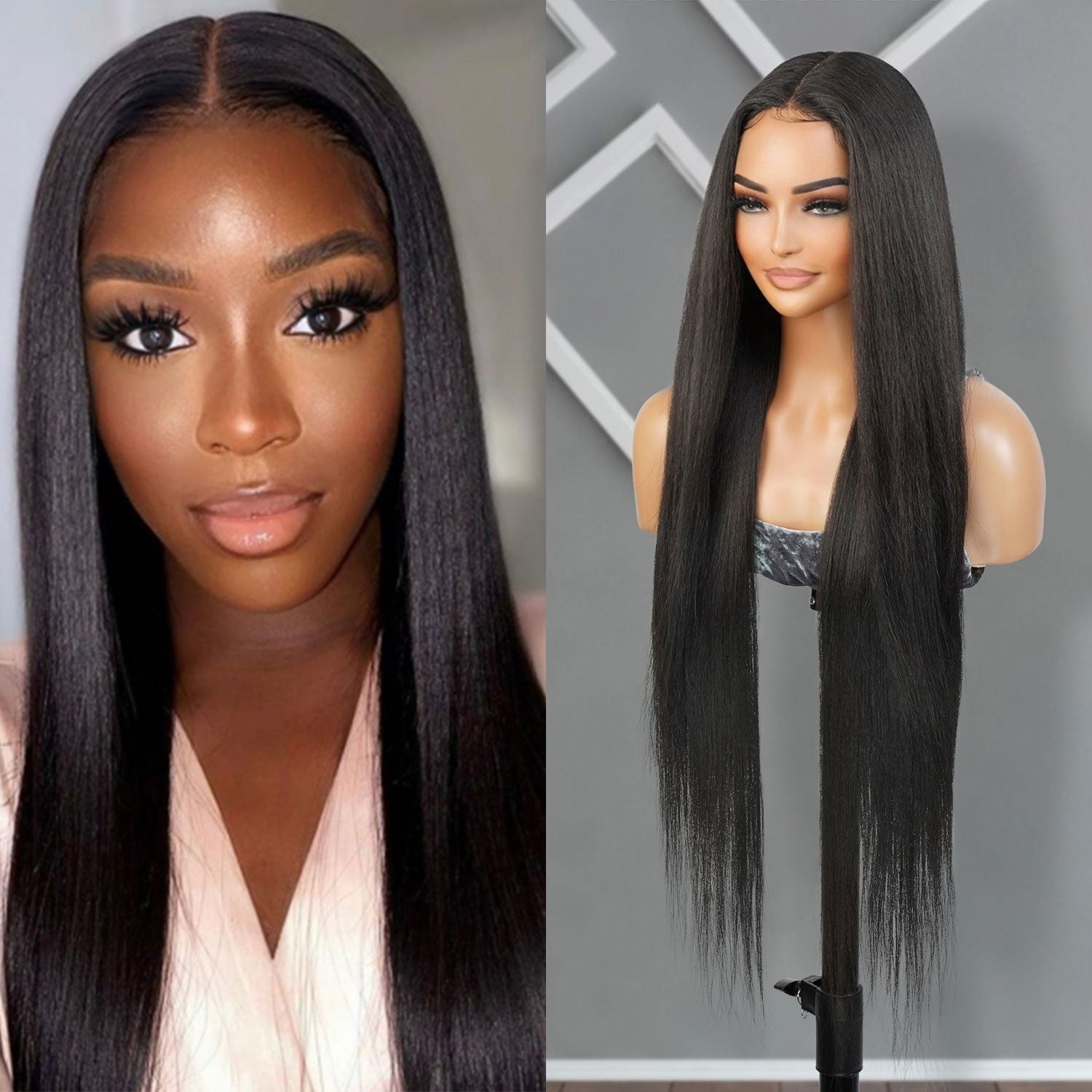  Introducing our 34-inch long waist-length straight lace front wig! Made with heat-resistant synthetic fibers, this wig offers a natural-looking hairline with a deep part design. Perfect for black women, it's easy to wear and style with adjustable straps for a comfortable fit. Shop now for ultimate style and versatility!