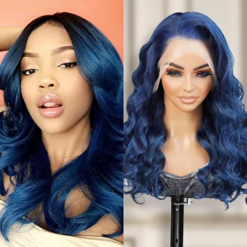 UpScale 100% Human Hair Glueless 13x4 Lace Frontal Wig Light Blue Body Wave 20"